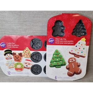 2 Wilton Christmas Cookie & Mini Cakes Baking Sheet Pan Shapes Molds Non Stick